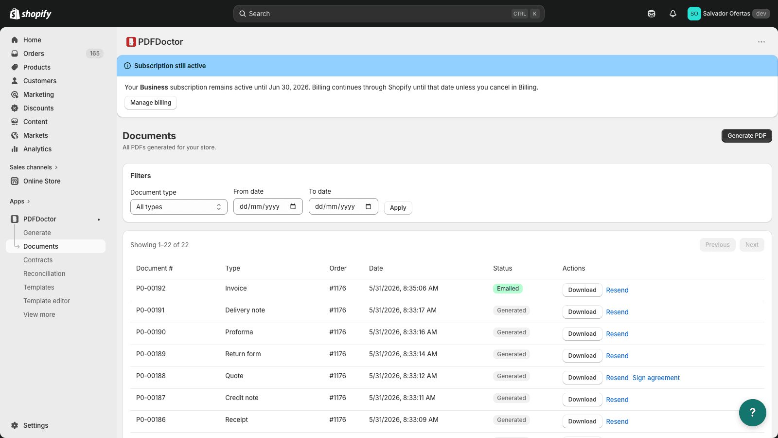 PDFDoctor document history with download, resend, and 8 document types