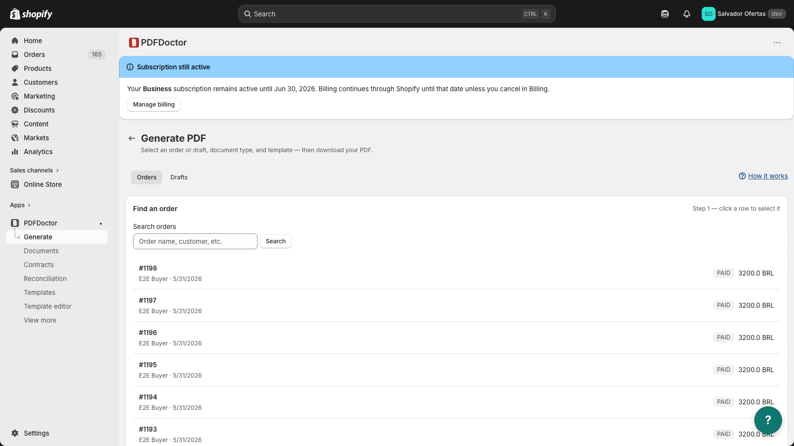 PDFDoctor generate PDF — pick order, type, template, and download