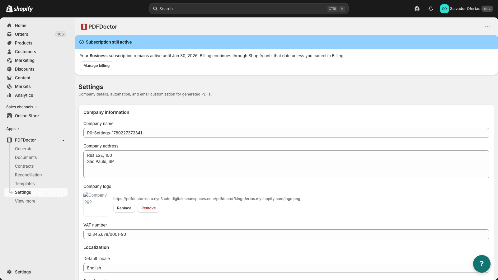 PDFDoctor settings — company info, localization, automation