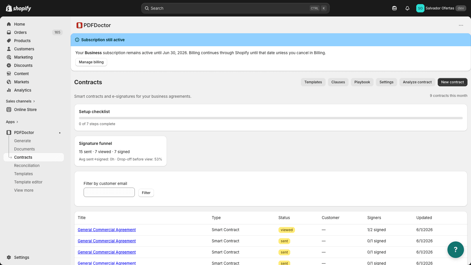 PDFDoctor contracts with e-signatures, status tracking, and customer filter